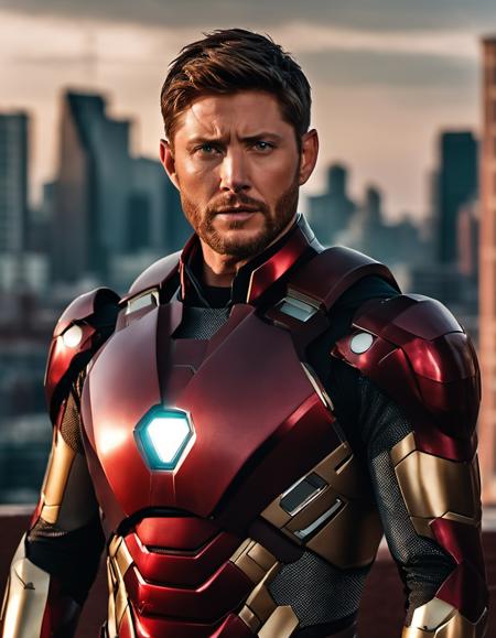 cinematic photo of jensen ackles with beard in ironman suit, hazel-green eyes, looking at viewer, fighting pose, ruined city in background, 35mm photograph, film, professional, 4k, highly detailed <lora:jensen ackles-XL:0.75> 