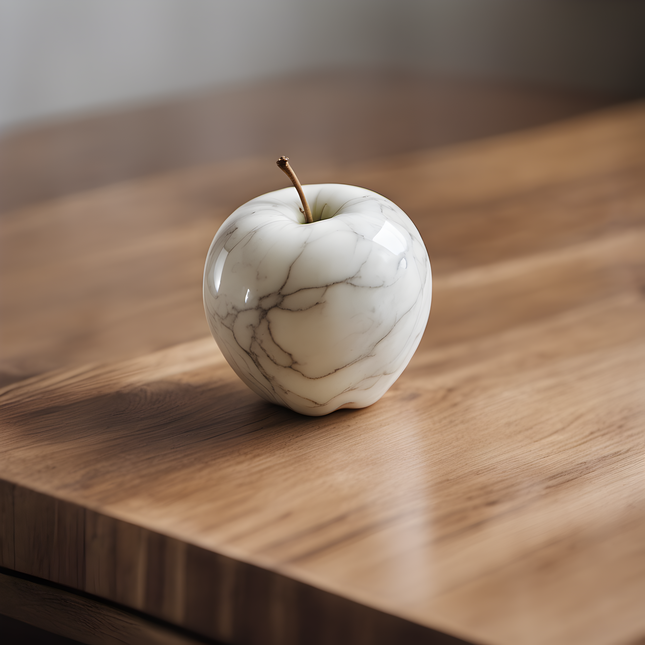 professional closeup photo of 1 white marble apple on wooden table, detailed, film grain