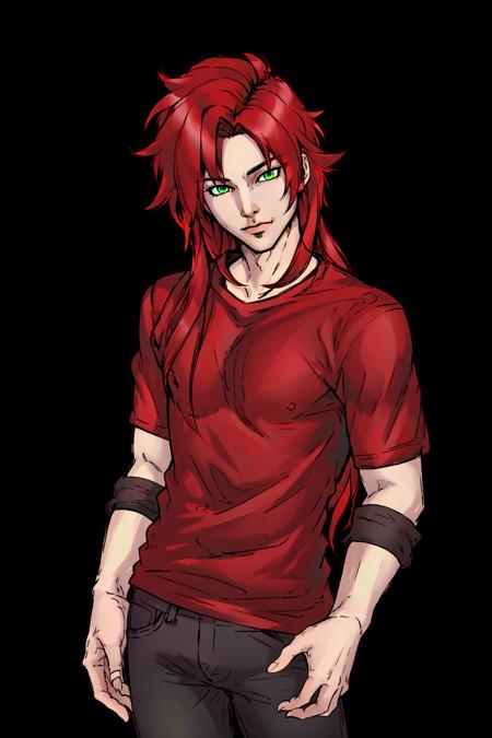 Duskfallcrew Art Style,  solo,  long hair,  looking at viewer,  simple background,  red hair,  shirt,  1boy,  green eyes,  male focus,  pants,  black background,  red shirt, <lora:EMS-57370-EMS:0.800000>