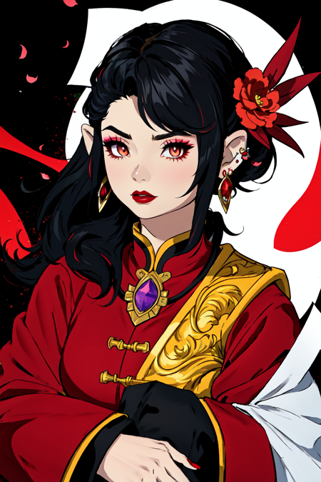 LalaTater,, cel shading, Anime style, 1girl, solo, looking at viewer, black hair, hair ornament, long sleeves, horror, poltergeist vibes, neon colors, muilticolored hair, two-tone hair, dress,  mature, sexy, large breasts, holding, brown eyes, jewelry, upper body, flower, earrings, hair flower, wide sleeves, necklace, petals, makeup, rose, chinese clothes, lipstick, black background, red flower, gem, holding flower, red lips<lora:LalaTater_LoRa:0.75>