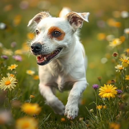 A happy jack Russell terrier running through a field of flowers,brown spot on one eye,white fur