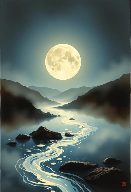 A vintage-style moonlit collage, impressionist painterly realism, soft atmospheric lighting, high-contrast minimalist composition, flowing water and serene landscapes, misty and dreamlike, dramatic light and shadow balance, deep blues and warm earth tones, delicate yet bold