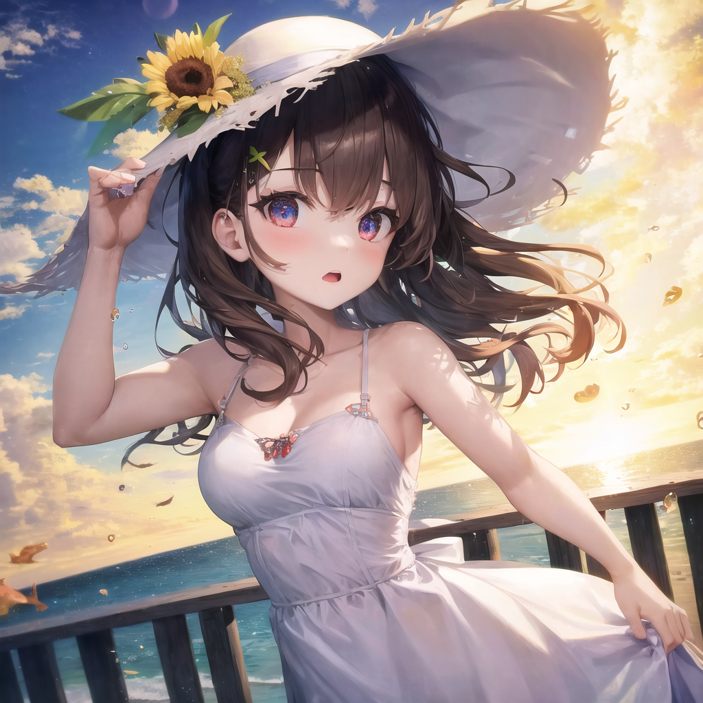 absurdres, 1girl, ocean, railing, white dress, sun hat,