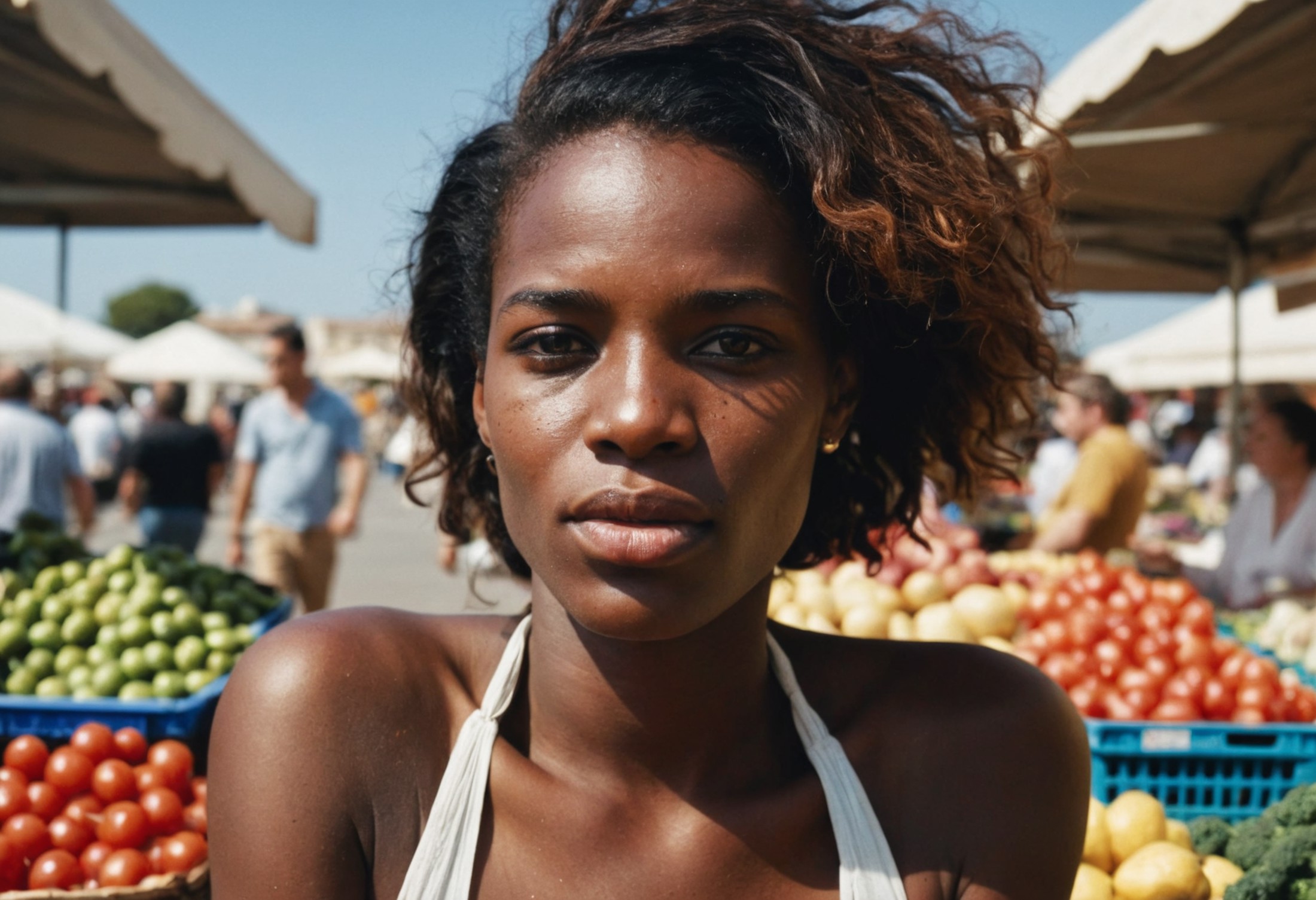 cute black woman in a mediterranean market, hot day, clear sky, (freckles:0.2) , by Peter Lindbergh