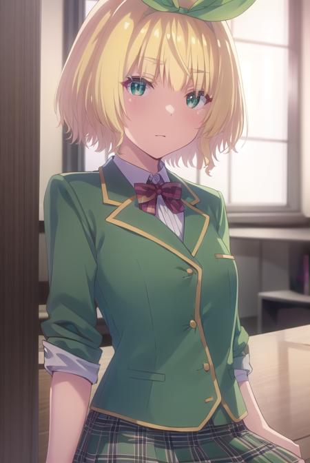 yuikakoga, <lora:yuika koga s1-lora-nochekaiser:1>,
yuika koga, short hair, blonde hair, (green eyes:1.3), hair ribbon, hairband, green ribbon,
BREAK skirt, shirt, school uniform, white shirt, plaid, plaid skirt, green skirt,
BREAK indoors, classroom,
BREAK looking at viewer,
BREAK <lyco:GoodHands-beta2:1>, (masterpiece:1.2), best quality, high resolution, unity 8k wallpaper, (illustration:0.8), (beautiful detailed eyes:1.6), extremely detailed face, perfect lighting, extremely detailed CG, (perfect hands, perfect anatomy),