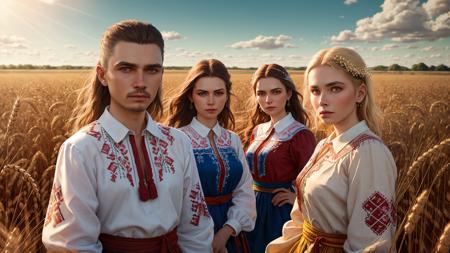 highest quality, 16k, raw photo, photorealistic, professional photograph, intricate, (detailed face, detailed eyes:1.2), a group of people dressed in traditional ukrainian vyshyvanka outfit, wheat field, blue sky, cinematic, volumetric lighting <lora:vyshyvanka:1.2>