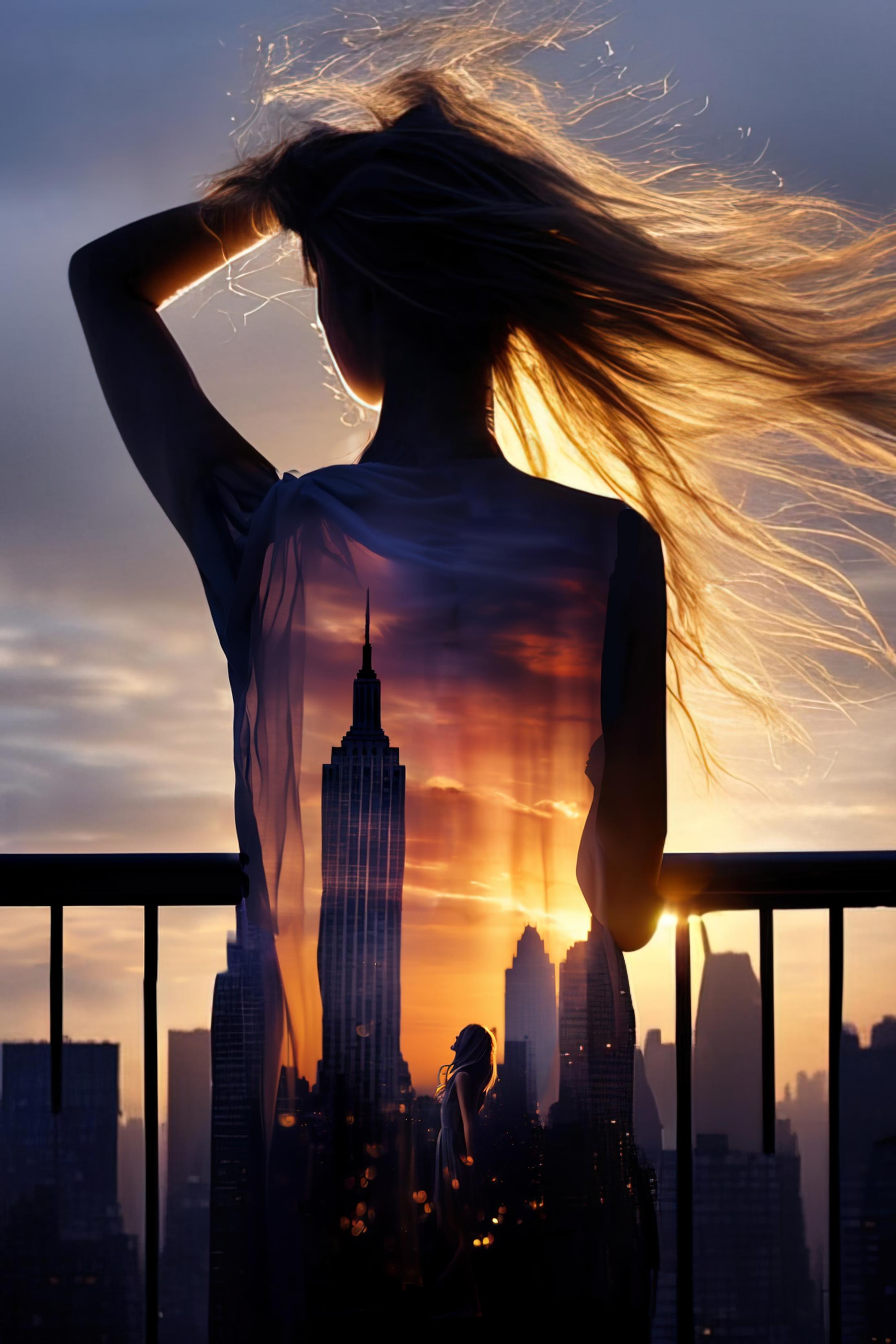 A woman standing on a balcony with the city skyline in the background.