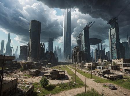 postapocalyptic city overruled by plants and animals, heavy clouds, ground perspective