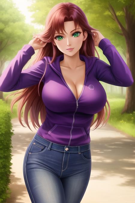 <lora:Starfire:.3>, starfire, green eyes, 1girl, solo, breasts, outdoors, purple hoodie, jeans,