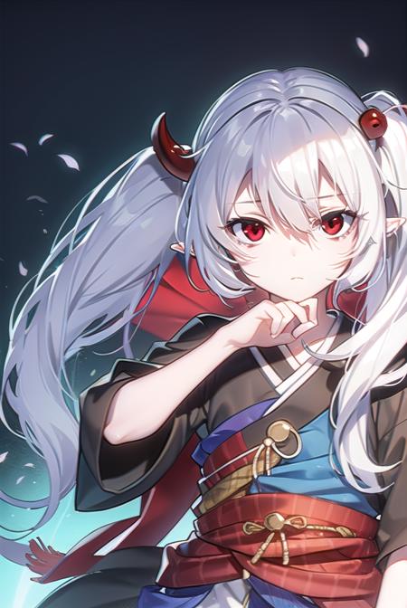 ghost ogre and snow rabbit, long hair, (red eyes:1.5), twintails, white hair, horns, pointy ears, albino, weapon, japanese clothes, sword, kimono, sash, chain, obi, katana, ofuda,