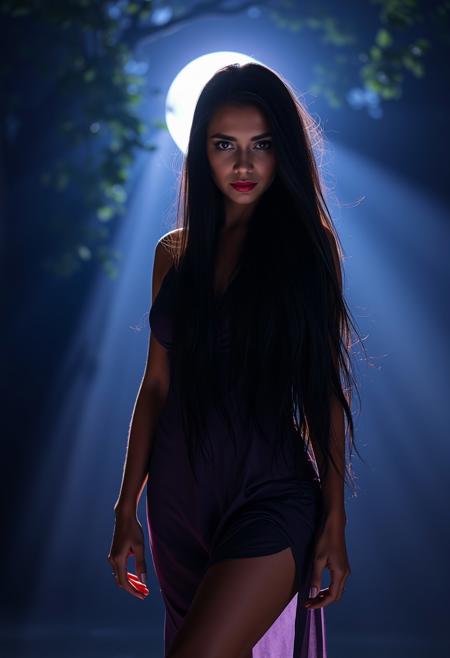 A seductive young woman with long, flowing black hair stands off-center, illuminated by dappled moonlight. She wears a revealing dress, exuding a mystical, cinematic atmosphere with vibrant colors and dramatic contrasts.