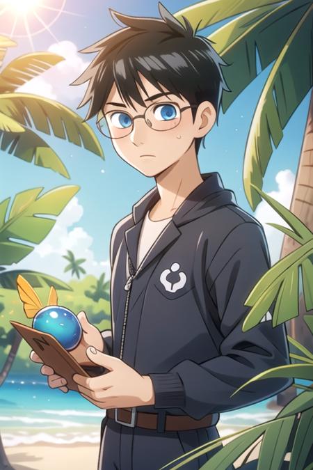 masterpiece, best quality, game cg, 1boy, solo, male focus, looking at viewer, , depth of field, <lora:arata_wataya:0.74>, arata_wataya, black hair, blue eyes, , demon costume, A tropical paradise where the sun shines brightly every day,