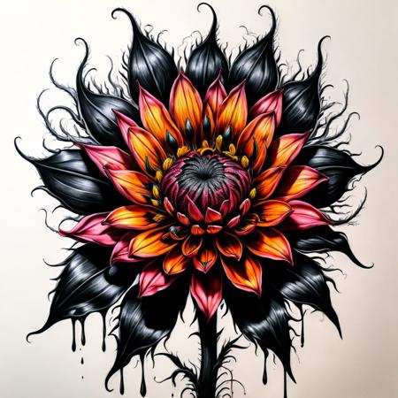 Dying Flower, Horror, terror, darkness, fear, HDR, 4K, ultrarealistic, intricate, hyperdetailed, sharp focus, charcoal and vinyl drawing, vivid colors