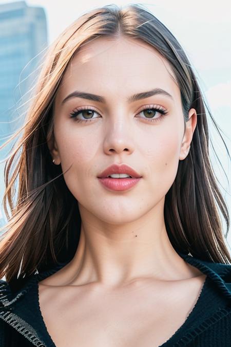 a face picture of EizaG_T_V1-600 (with black sweater:1.2), ((front view)), red lips, and a ((close up:1.3)) long haircut, pale skin, slim body, background is city ruins, (high detailed skin:1.2), 8k uhd, dslr, soft lighting, high quality, film grain, Fujifilm XT3