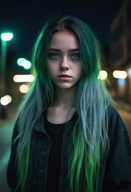 18-year old girl with long green ombre hair, light blue eyes, in black top and dark green jacket standing on empty street illuminated with pale green light at dark night, realistic photo, 8k, sci-fi concept art