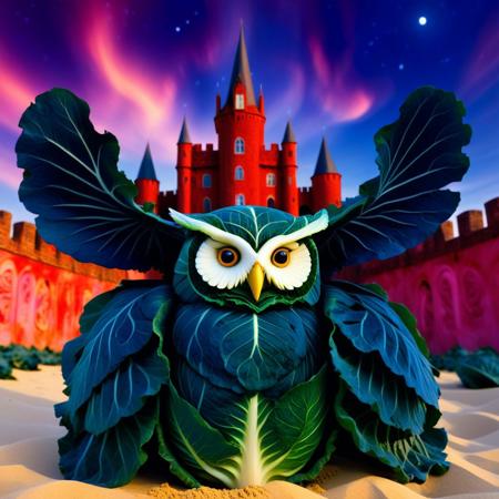 no human, (giant owl made of cabbage over a red castle:1.5), Geometric Pattern Effect: Repeating shapes (tiles, panels) create structured complexity. Color Spectrum Display: Wide range of hues from cool to warm tones.  Reflective Surface Theme: Smooth, light-catching textures evoke motion and depth. Symmetry and Balance: Central alignment with mirrored visual weight. . lazypos, rp_slgd, a surreal owl composed of  obsidian cabbage, wings made of floating cabbage leafs, perched on a red cabbage flower, on top of a red cabbage castle, a kaleidoscope swirling sand sky, glowing purple sand,
, vibrant colors, whimsical design, surreal fantasy, high detail, 4k, strong bokeh