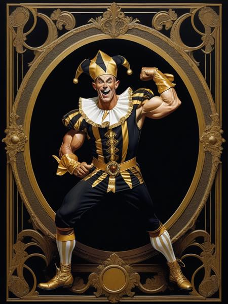 <lora:04Vintageillustration_Hap_XL:3.3>,Norman Rockwell style,vintage poster, Muscular jester clad in black and gold costume, face adorned with black and gold painted patterns, high-contrast lighting, dynamic pose suggesting movement, rich textures highlighting muscle definition, composition balanced with golden ratio, evocative of a powerful and mysterious character, digital painting, ultra realistic.,
