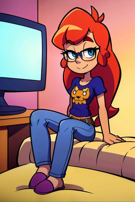 masterpiece, best quality, beautiful, looking at viewer, crisp, clear, cute, perfect body, 1girl, solo, bedroom background, sitting in swivel chair, tee shirt, jeans, smile, slippers, princess amethyst, rich colors, desktop computer, glasses,
