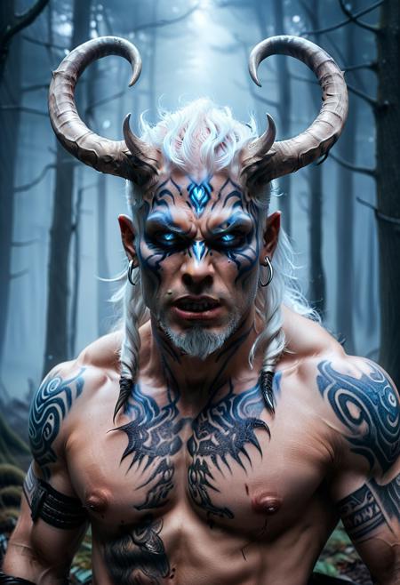 score_9, score_8_up, score_7_up, score_6_up, score_5_up, score_4_up, (absurdres, best quality, masterpiece:1.4), illustration, photorealistic, cinematic lighting, dynamic angle, perfect composition, demon, white hair, glowing blue eyes, tribal tattoos, horns, muscular build, foggy forest, night, ethereal glow, mysterious, powerful presence