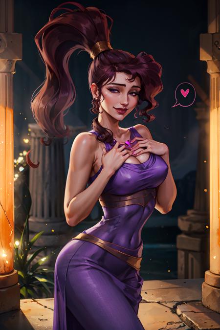 1girl, cowboy shot of megara, hands on own chest, evil smile, half-closed eyes, high ponytail, long hair, bare shoulders, long purple dress, see-through, teasing, night, particles, spoken heart, ancient greek pillars, looking at viewer, volumetric lighting, best quality, masterpiece, retro artstyle,  <lora:sxz-megara-allnew:0.8>