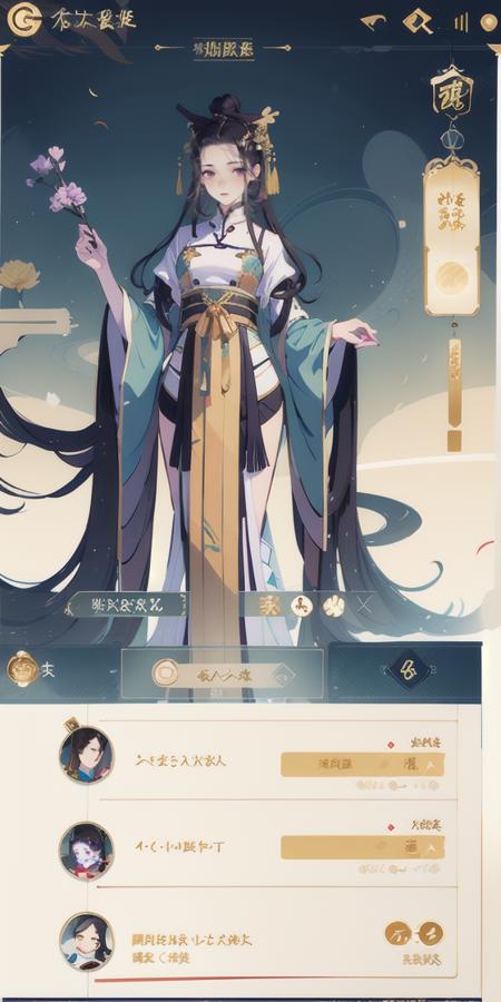 Game interface,Chinese style,buttons,return,tabs,logo,1Girl,Chinese clothing,solo,black hair,hair accessories,long hair,dress,wide sleeves,half body,flowers,gilded,gold-plated pattern,full screen,high-definition,exquisite,
<lora:huanqing_å½é£è§è²çé¢:1>,