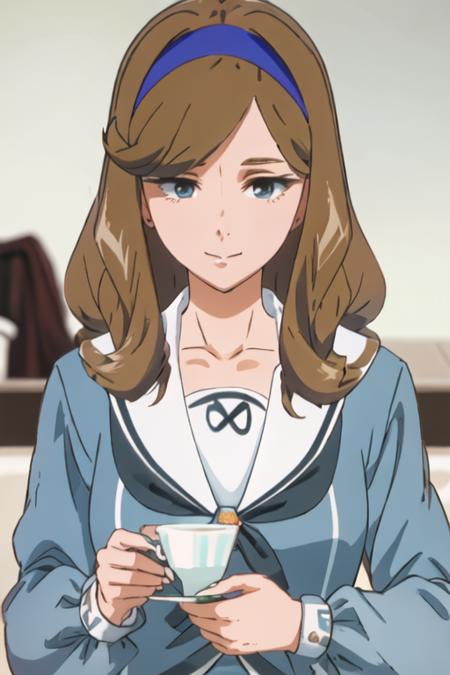 best quality, masterpiece, highres, solo, {himekawa_mizuho_birdiewinggolfgirlsstory:1.15}, brown_hair, long_hair, hairband, blurry, closed_mouth, blue_eyes