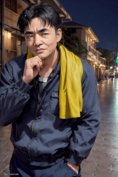 zage,(Night:1.7), CityView, (from_front:1.4),(Close-Up:1.0),(Face_focus:1.0),(looking_at_viewer:1.9), Standing in Street, a man in a blue jacket and yellow scarf, shirt,black_pants, ,Kisaku, belt, black_eyes, black_hair, collarbone, male_focus, solo, 1 old_Man, 50yo,male,looking at viewer,(angry:1.0), NSFW,official art,extremely detailed CG unity 8k wallpaper, perfect lighting,Colorful, Bright_Front_face_Lighting, (masterpiece:1.0),(best_quality:1.0), ultra high res,4K,ultra-detailed, photography, 8K, HDR, highres, absurdres:1.2, Kodak portra 400, film grain, blurry background, bokeh:1.2, lens flare, (vibrant_color:1.2), (masterpiece:1. 0), (best quality:1. 4), (ultra highres:1. 2), (intricate details:1.3), (soft focus:1. 4), (sharp focus:1. 4),Raw photo,1man,