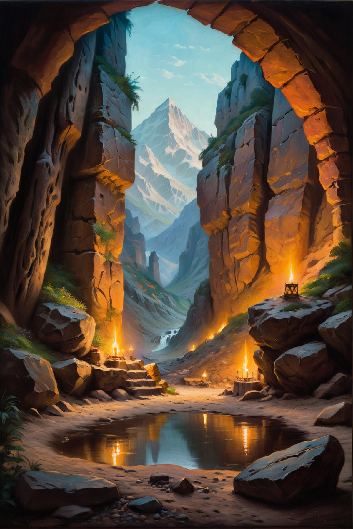 Painting of a mountainous area with a waterfall, rocky terrain, and lit candles.