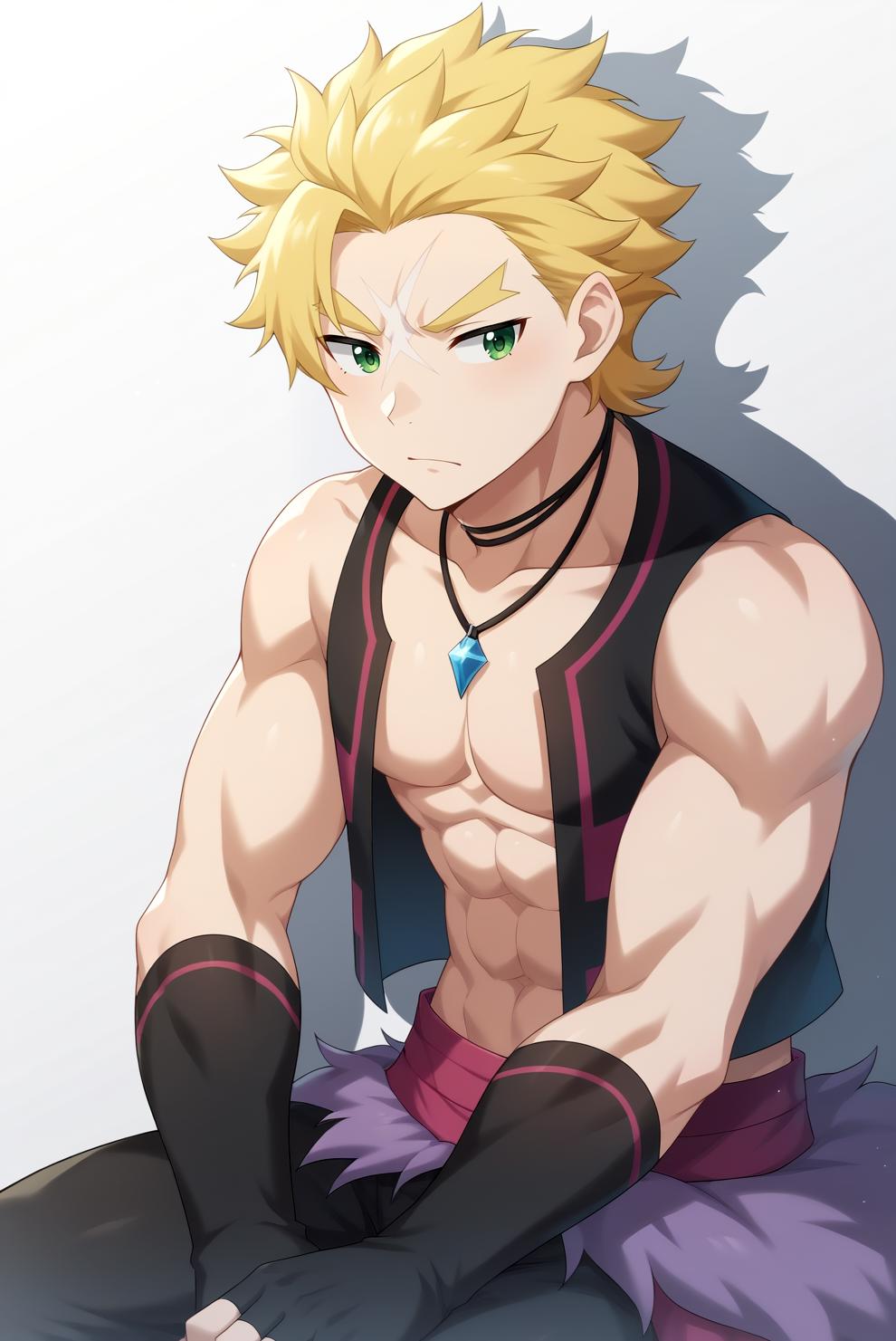 1boy,solo,blonde hair,spiked hair,necklace,vest,green eyes,scar on face,look to the side,fingerless gloves,indian_style,open clothes,fur trim,black pants,collarbone,bare shoulders,thick eyebrows,muscular,sitting,<lora:GarfXL:0.6>, (white background:1.4),