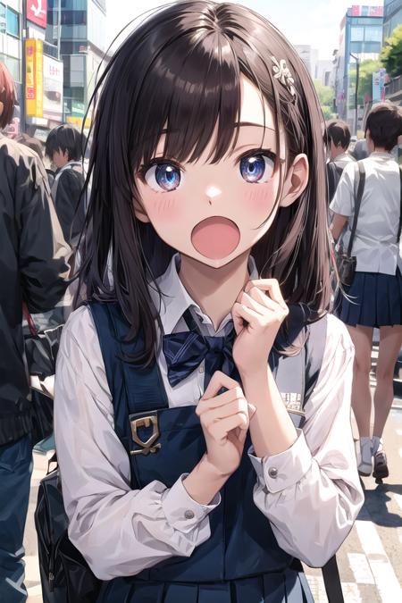 insanely detailed, absurdres, ultra-highres, ultra-detailed, best quality,1girl, solo, 16 years old, nice hands, perfect hands, BREAK, (wearing school uniform), happy smile, laugh, open mouth, (:o:1.3), cute pose, cowboy shot, BREAK, slender, kawaii, perfect symmetrical face, ultra cute girl, ultra cute face, ultra detailed eyes, ultra detailed hair, ultra cute, ultra beautiful, by Canon EOS, SIGMA Art Lens 35mm F1.4, ISO 200 Shutter Speed 2000, in harajuku, shibuya, tokyo, street, crowd, cityscape <lora:largecirclemouth_v100:0.5>