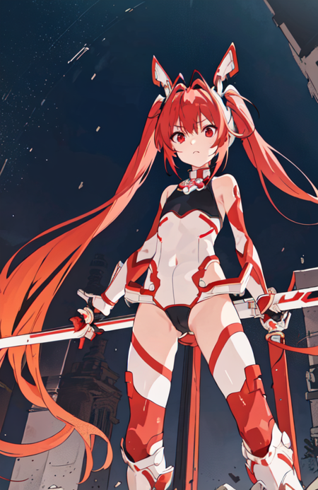 tailred,red eyes, twintails, armor,gradient hair,red hair,blonde hair,very long hair,flat chest
