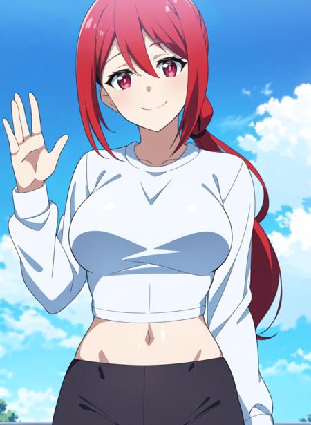 <lora:Akane Hiyama:0.6> Akane Hiyama, 1girl, solo, red hair, Crop Top shirt, red eyes, ponytail, long hair, day, cloud, Black Leggings, sky, Smile, Wave, Detailed Hands, ((Extremely Detailed, 4k, Masterpiece, Ultra Quality)),