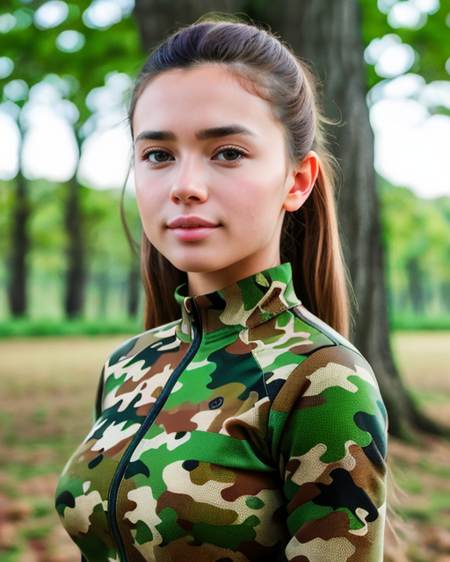 ral-camo, it is Revealing, wearing ral-camo, Oak tree background, cute, 50mm, <lora:ral-camo-sd15:1.2>, unique, highly contrasted, dramatic, contemporary, intense, dynamic dramatic beautiful full taking, contemporary fine detail, epic atmosphere, deep rich colors