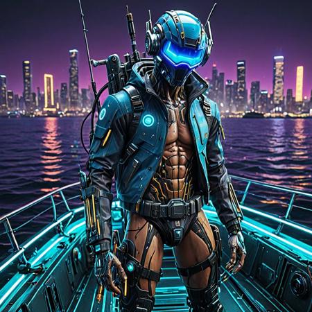 A futuristic android fisherman with a sleek, metallic humanoid design, integrated with subtle aquatic features (e.g., fin-like accents, glowing blue circuits), preparing for fishing on a high-tech boat at sea. The android wears a cyberpunk-inspired fisherman outfit (waterproof techwear jacket, utility belt, no exposed skin or nipples), handling advanced fishing gear (e.g., holographic nets, sonic harpoons). The ocean is vast, with bioluminescent waves under a neon-lit cyberpunk sky. The boat is sleek, with glowing panels and robotic drones assisting. Background features a distant cyberpunk coastal city with neon skyscrapers and floating platforms. Ultra-detailed, 8K resolution, cinematic lighting, vibrant neon colors (blue, purple, green), gritty yet futuristic cyberpunk aesthetic, PG-13 safe,
8k, score_9, score_8_up, score_7_up,
masterpiece,realistic,ultra detailed, vibrant colors,photo-realistic,
Transistors