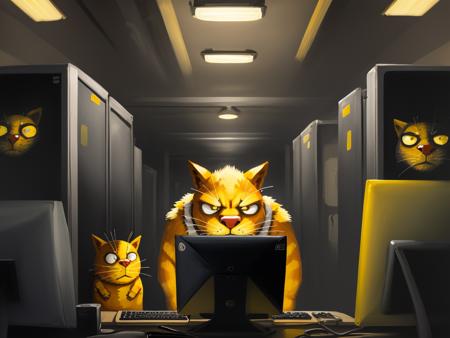 vlozhkin style painting of yellow cat hacking computer, dark, servers racks, angry sad mans are standing on sides <lora:vlozhkin5:0.7>