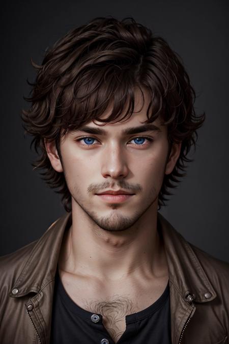 Xander Ellis,  solo,  looking at viewer,  short hair,  blue eyes,  brown hair,  shirt,  1boy,  closed mouth,  jacket,  male focus,  black shirt,  facial hair,  portrait,  realistic,  light stubble, <lora:EMS-45587-EMS:0.400000>