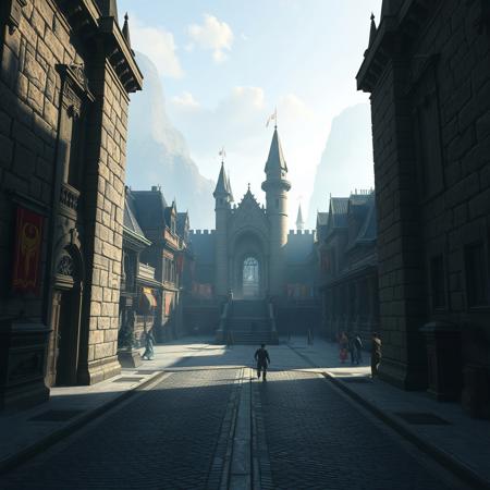 A liminal space within Stormwind from World of Warcraft. The grand gates of the city stand wide open, but the once bustling streets are eerily quiet. The majestic stone walls rise high, their intricate carvings and banners now faded and lifeless, casting long shadows across the empty city. The normally crowded marketplace is deserted, the cobblestone streets cold and silent, with only the distant rustle of flags in the breeze.
The towering buildings of Stormwind, with their high spires and detailed architecture, stand empty and still. The grand steps leading to the majestic keep are silent, the courtyard devoid of activity. The sounds of life that once filled the air are gone, replaced by an overwhelming silence that presses in from every direction. The city feels frozen in time, as if it has been abandoned, leaving only the cold stone and shadow behind. The familiar beauty of the city now seems strange and unsettling, amplifying the sense of solitude and unease.