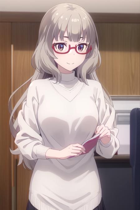 shizukuhazuki, <lora:shizuku hazuki s2-lora-nochekaiser:1>, 
shizuku hazuki, long hair, bangs, (brown eyes:1.5), grey hair, glasses, semi-rimless eyewear, red-framed eyewear, under-rim eyewear, smile,
BREAK skirt, shirt, long sleeves, white shirt, black skirt, fringe trim,
BREAK indoors, office,
BREAK looking at viewer, (cowboy shot:1.5),
BREAK <lyco:GoodHands-beta2:1>, (masterpiece:1.2), best quality, high resolution, unity 8k wallpaper, (illustration:0.8), (beautiful detailed eyes:1.6), extremely detailed face, perfect lighting, extremely detailed CG, (perfect hands, perfect anatomy),