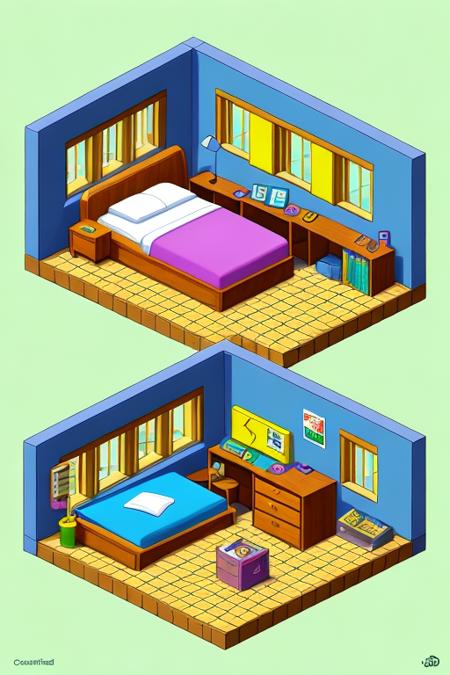 a rendition of the Isometric_Dreams, a room with a bed and a desk in it and a window to the other side of the room