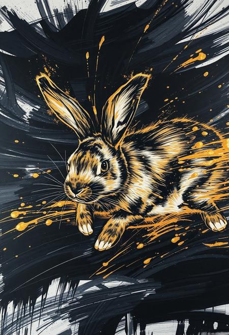 A hyper-stylistic, extremely detailed image depicts a breathtaking painting, crafted from a combination of smeared black and gold metallic paint. A rabbit is captured in a streaked motion, as if it is moving rapidly in one direction. The black paint is applied in bold, dynamic strokes, creating a sense of energy and movement that is contrasted beautifully by the golden accents. The gold paint is used to highlight the rabbit's features, adding a sense of depth and dimensionality to the image. The overall effect is one of breathtaking, surreal dynamism, as if the viewer has captured a fleeting moment in time. Every detail of the image is meticulously crafted, from the delicate, swirling patterns of the gold paint to the intricate, textured patterns of the black paint. The contrasts between light and dark, color and texture, create a sense of tension and energy that draws the viewer in, inviting them to explore the kinetic world of the painting. highest-Quality, intricate details, visually stunning, Masterpiece