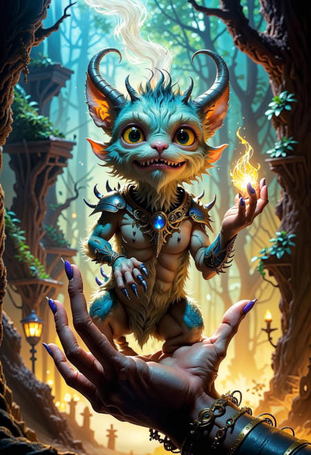 ASCIImystical realm with the essence of a small furry imp creature sitting in the palm of an outstretched hand, horns, radiates an otherworldly charm, fur of a mixture of ethereal hues, surroundings evoke a sense of magic, a subtle diffused glow illuminate a unique connection with humans, masterpice by (sorserob:1.36), best quality, 4k textures, ultra detailed