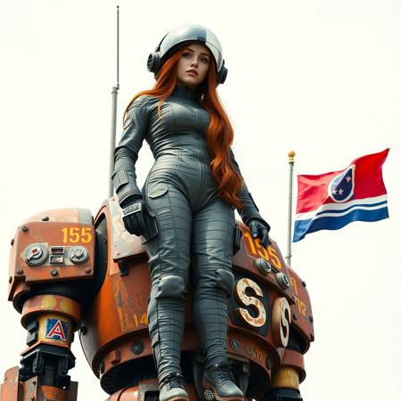 score_9, score_8_up, score_7_up, andy warhol style, a beautiful woman 20 years old long red hair holding a space helment old mechanic suit standing on the shoulders of a giant human-shaped rusty robot with the number 156 and a world wide flag