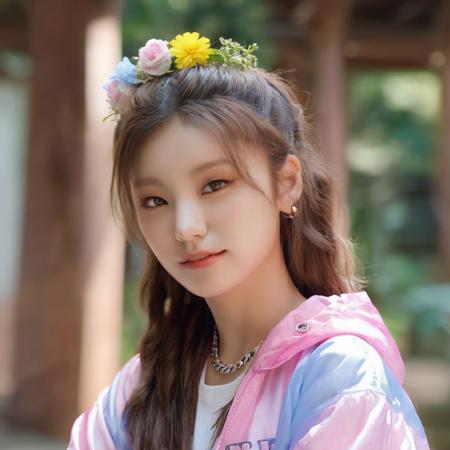 yeji, a woman, (upper body:1.2), 1girl, (looking at viewer:1.3), (schoolgirl jacket), (flower crown), (simple background), natural skin color, (closed mouth:1.2), (medium breast), floating hair, beautiful expression, face detailed, eyes detailed, iris detailed, masterpiece, best quality, photorealistic, hyper realistic, ultra detailed, perfect lighting, depth of field, shadows, highres, <lora:sayhello0o-itzy_yeji-XL-V1:1>