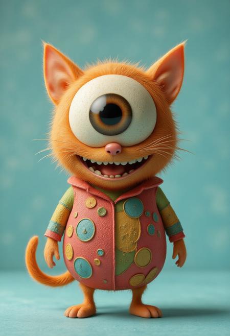 a cute adorable anthropomorphic eyeball monster dress like a cat, fluffy fur, 
cute, big-eye, adorable, brightly colored, cheerful, anime influence, naughty face, laughing, happy, playful, cheerful, bright, vibrant, light-hearted,  
characters, digital, fantasy, illustration, manga-anime, portraits, whimsy, 
3d-rendering, concept-art, digital, dreaminess, 
eeriness, fantasy, photorealism, other-worldliness, realism, science-fiction, surreal, colorful, 
R3alisticF, Midjourney_V7
