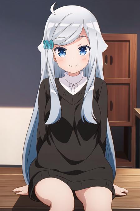 <lora:nayuta_kani-10:1>, nayuta_kani, 1girl, solo, long hair,  blue eyes, hair ornament, long sleeves, dress, jewelry, ahoge, grey hair, socks, sweater, scrunchie, hair flaps, hair scrunchie, blue scrunchie, looking at viewer, outdoors, smile, arms behind back, cowboy shot, indoors, sitting:1.2,  white socks,