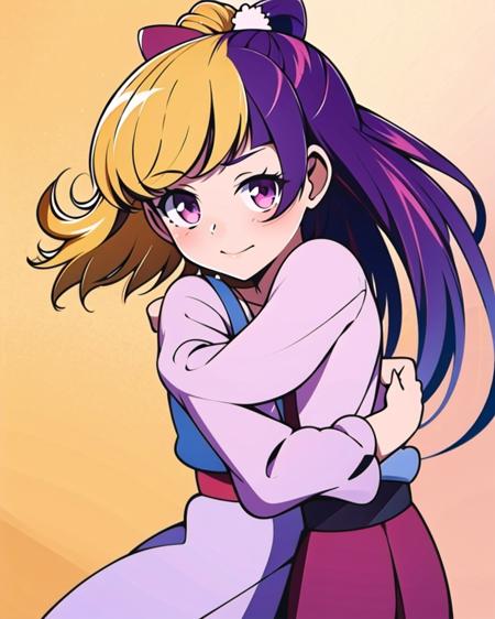 two girls ,yuri,hug
AND blonde hair ,hug,asahina mirai , half half updo,  bow , <lora:mirai riko:0.4>,solo,puple eyes,short hair
AND purple hair bow hug ,<lora:mirai riko:0.4>,iazayoi liko,solo ,pink eyes,long hair, masterpiece, best quality