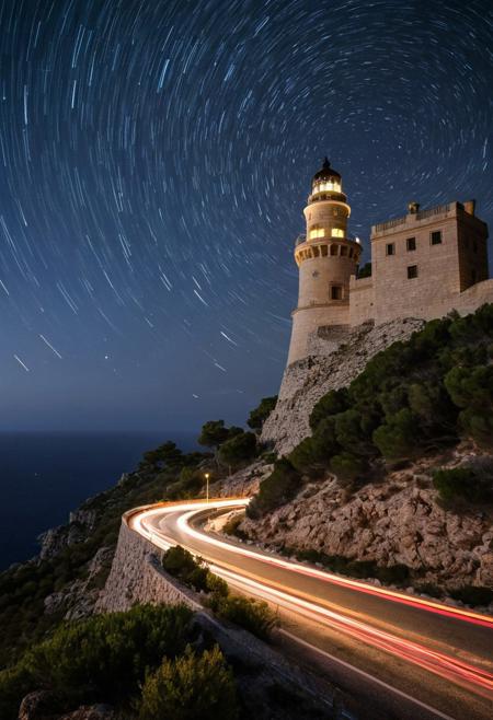 Long exposure photography capturing Formentor lighthouse in Mallorca, 
1893 construction with modern car headlights creating snaking trails, 
Mediterranean ambiance, 
ancient stars adding to the illumination, 
low season ambiance with closed road, 
year-round accessibility via foot, 
bike, 
or shuttle, 
northernmost cape of Mallorca featuring historical architecture, 
summertime congestion prevention, 
in natural light, 
ultra clear, 
dramatic lighting.