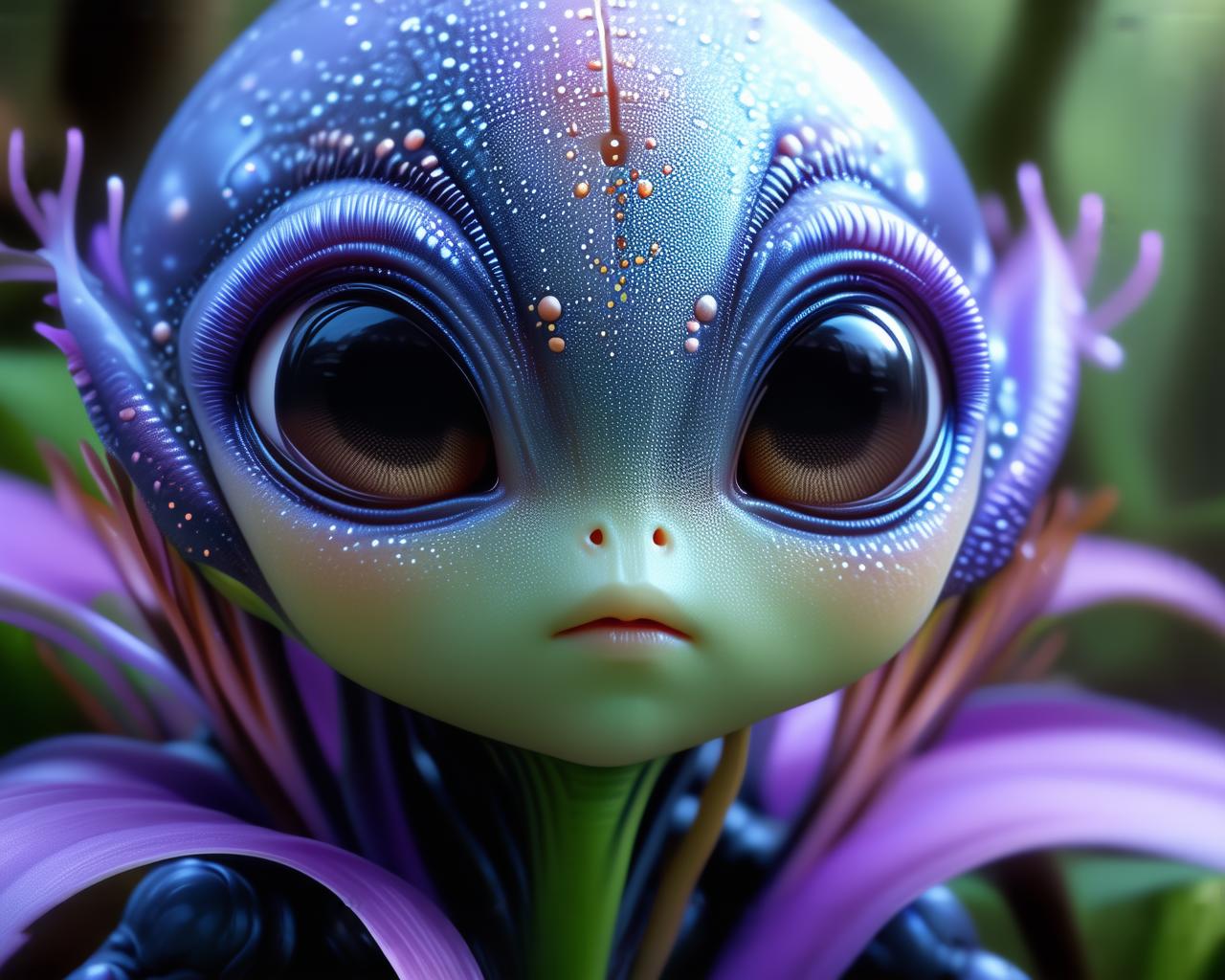 (Cute creature:1.2) from Space. terraforming. Alien Flora, Miki Asai Macro photography, close-up, hyper detailed, trending on artstation, sharp focus, studio photo, intricate details, highly detailed, by greg rutkowski detailed face, detailed skin