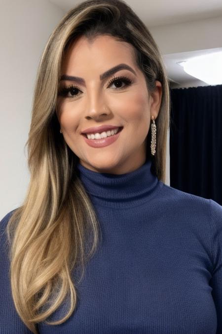 Photo of beautiful r0s4n4bumbum woman, detailed face smiling, (blurred background)+, blue turtleneck blouse