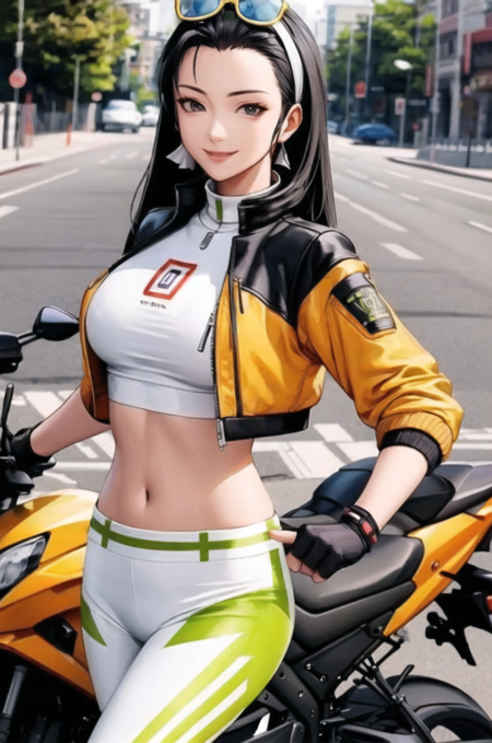 kofChizuru japanese clothes, black pants, buttons, wide sleeves, white sleeves, white headband cropped jacket, yellow jacket, white pants, white top, eyewear on head white swimsuit, cleavage cutout, hat